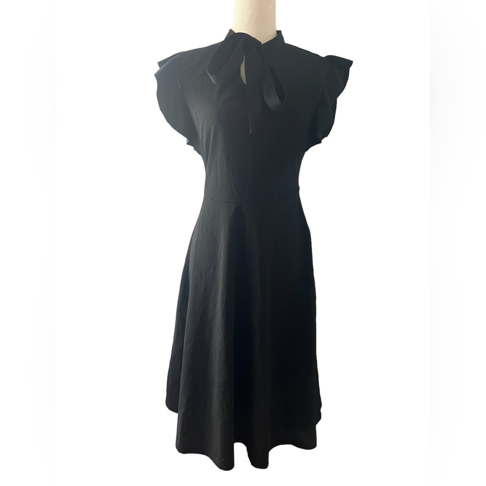 Moyabo NWT Size Small Black Ruffle sleeves,  neck tie , full skirt Midi dress‎